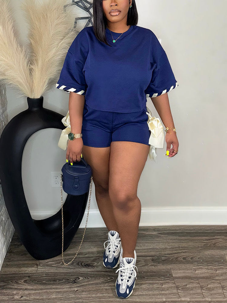 Contrast Crop Top & Bow Tie Shorts Set