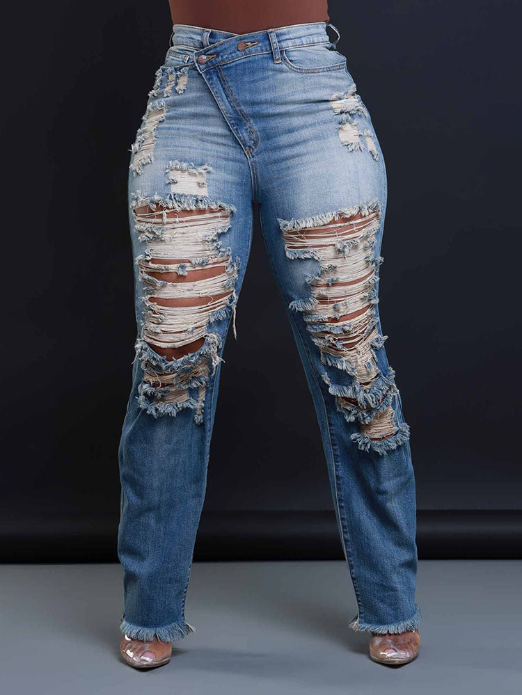 Distressed Asymmetrical Zip Jeans
