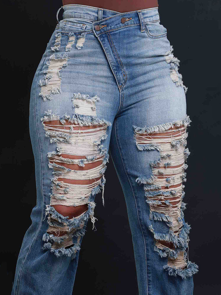 Distressed Asymmetrical Zip Jeans