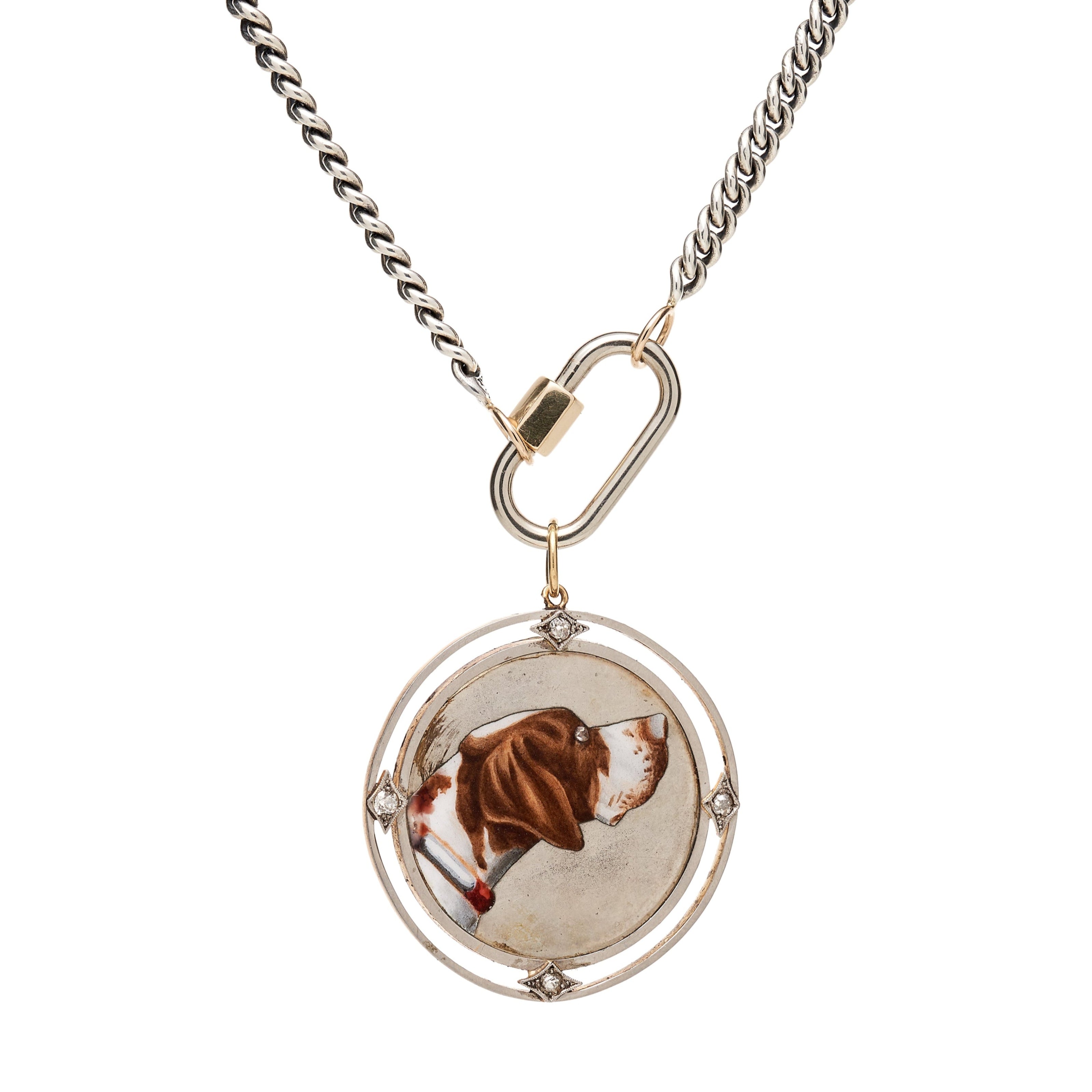 Antique Silver. Platinum & 15k Enamel & Diamond Dog Medallion Pendant