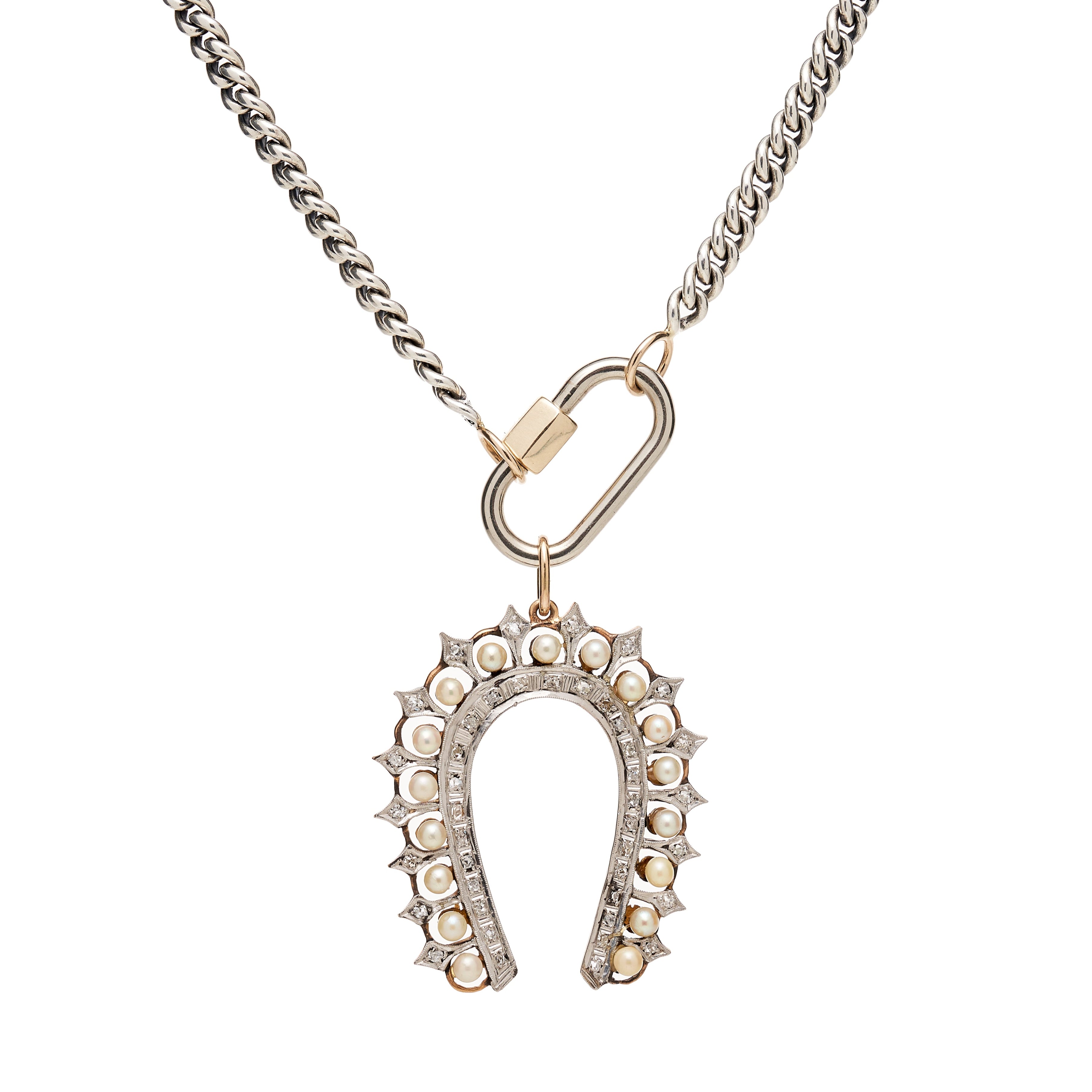 Antique 14k/Platinum Horseshoe w/ Pearls & Diamonds Pendant