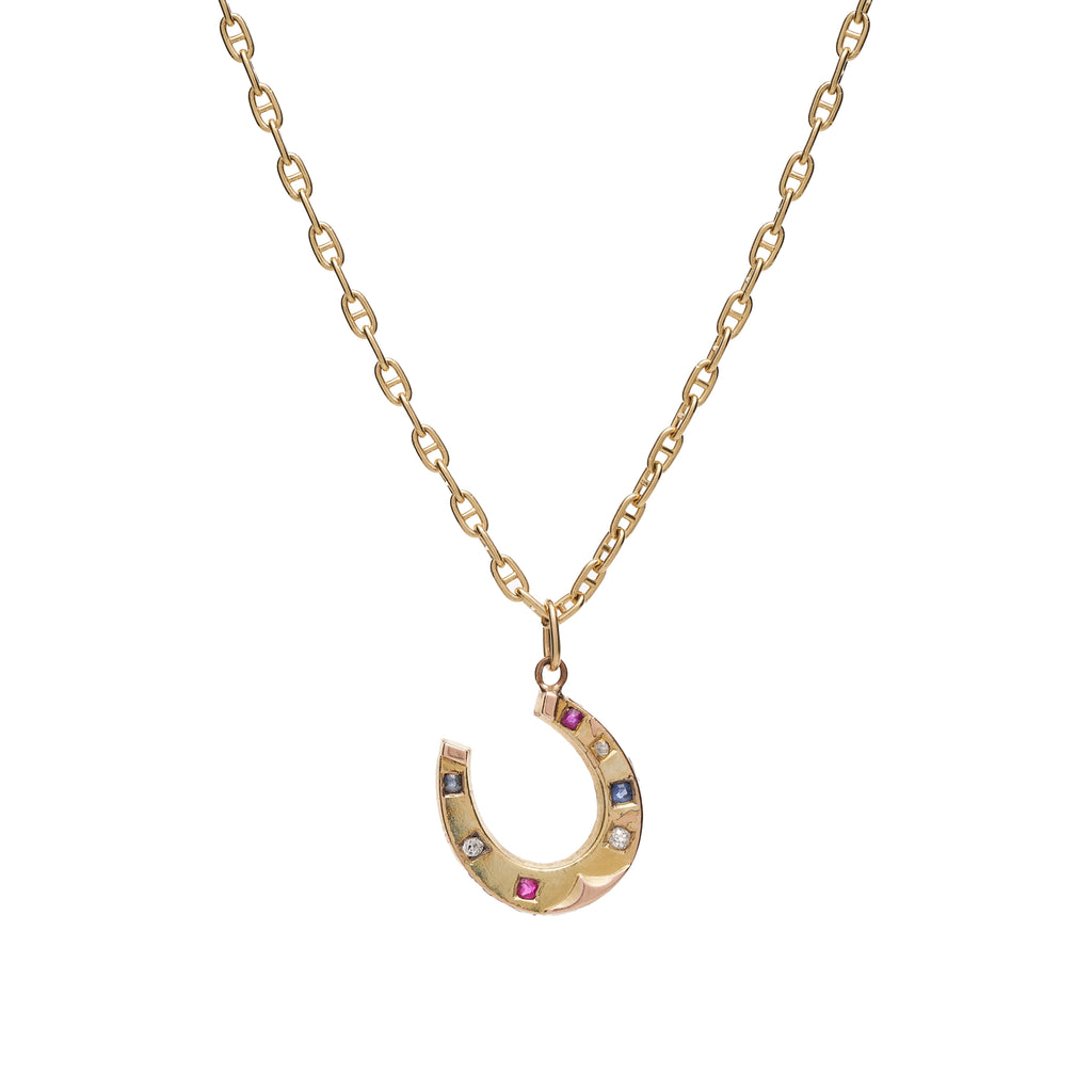 Antique Victorian 14k Diamond. Sapphire. & Ruby Horseshoe Pendant