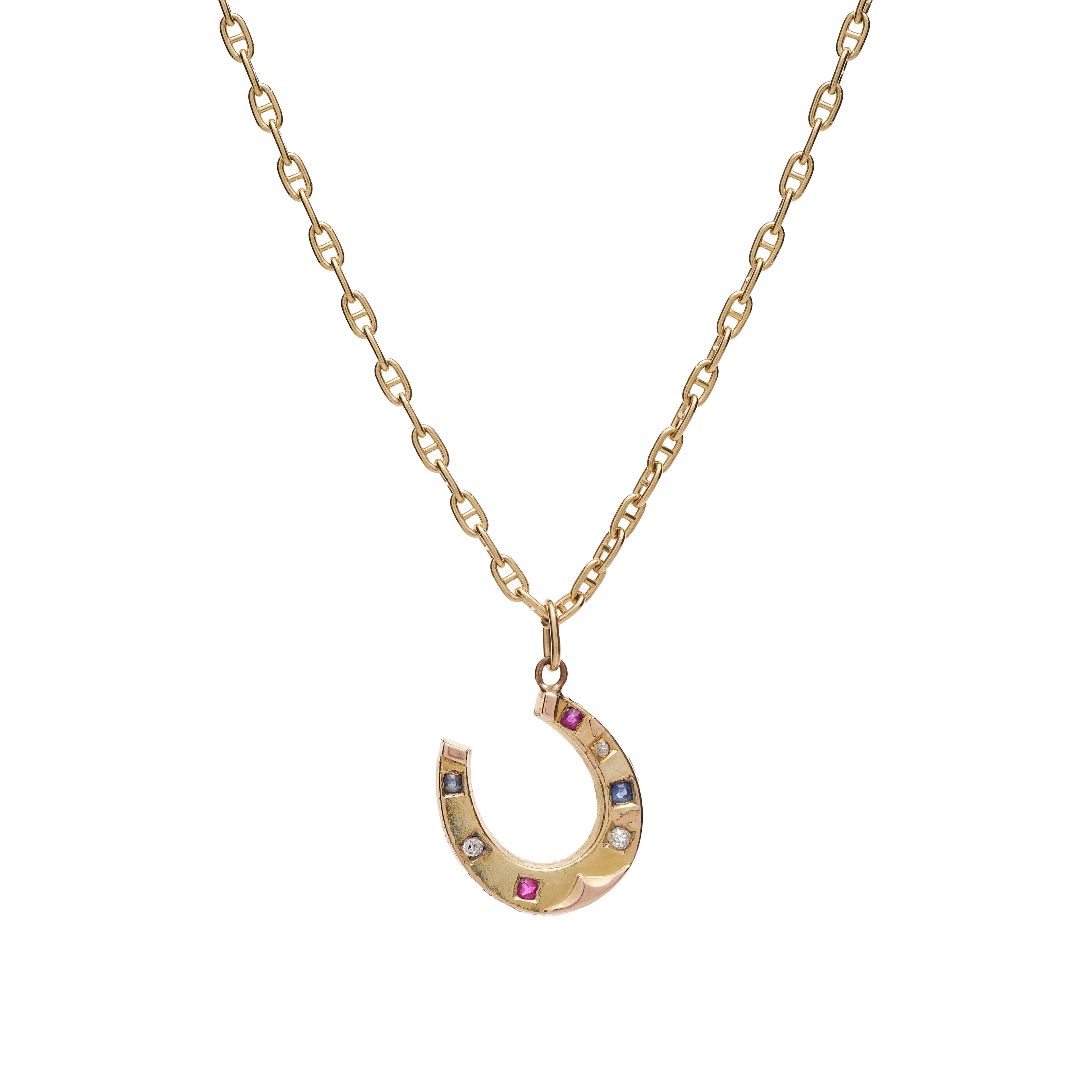 Antique Victorian 14k Diamond. Sapphire. & Ruby Horseshoe Pendant