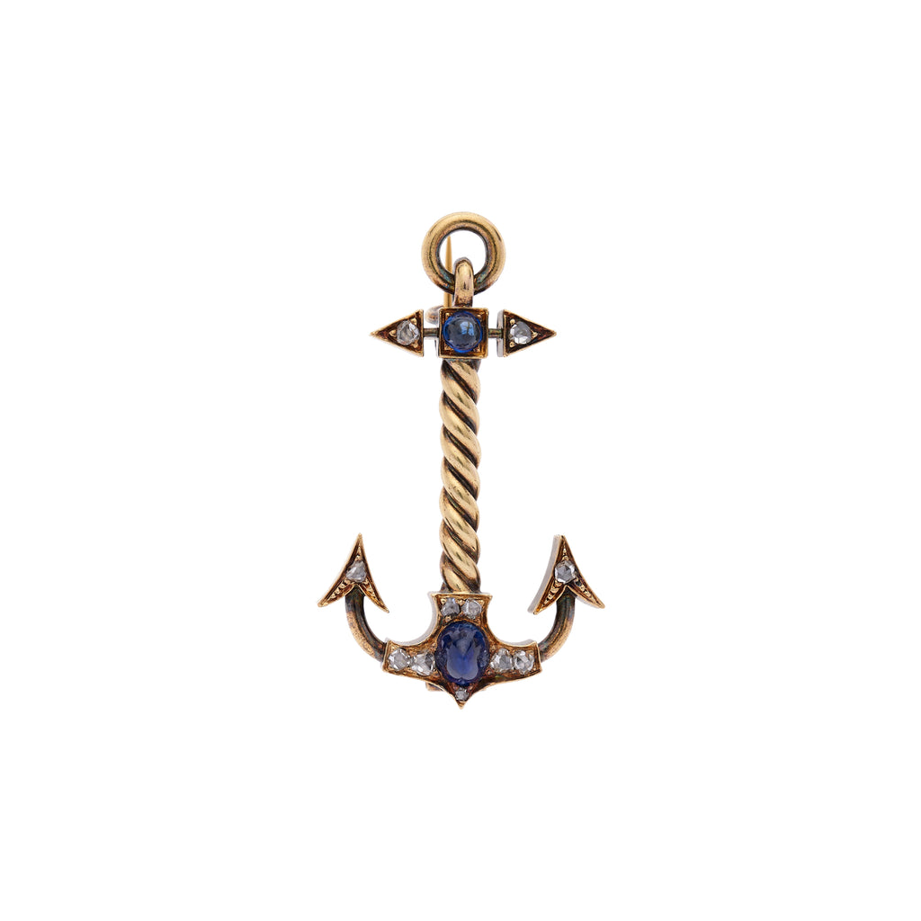 Antique Russian 14k Sapphire & Rose Cut Diamond Anchor Pin
