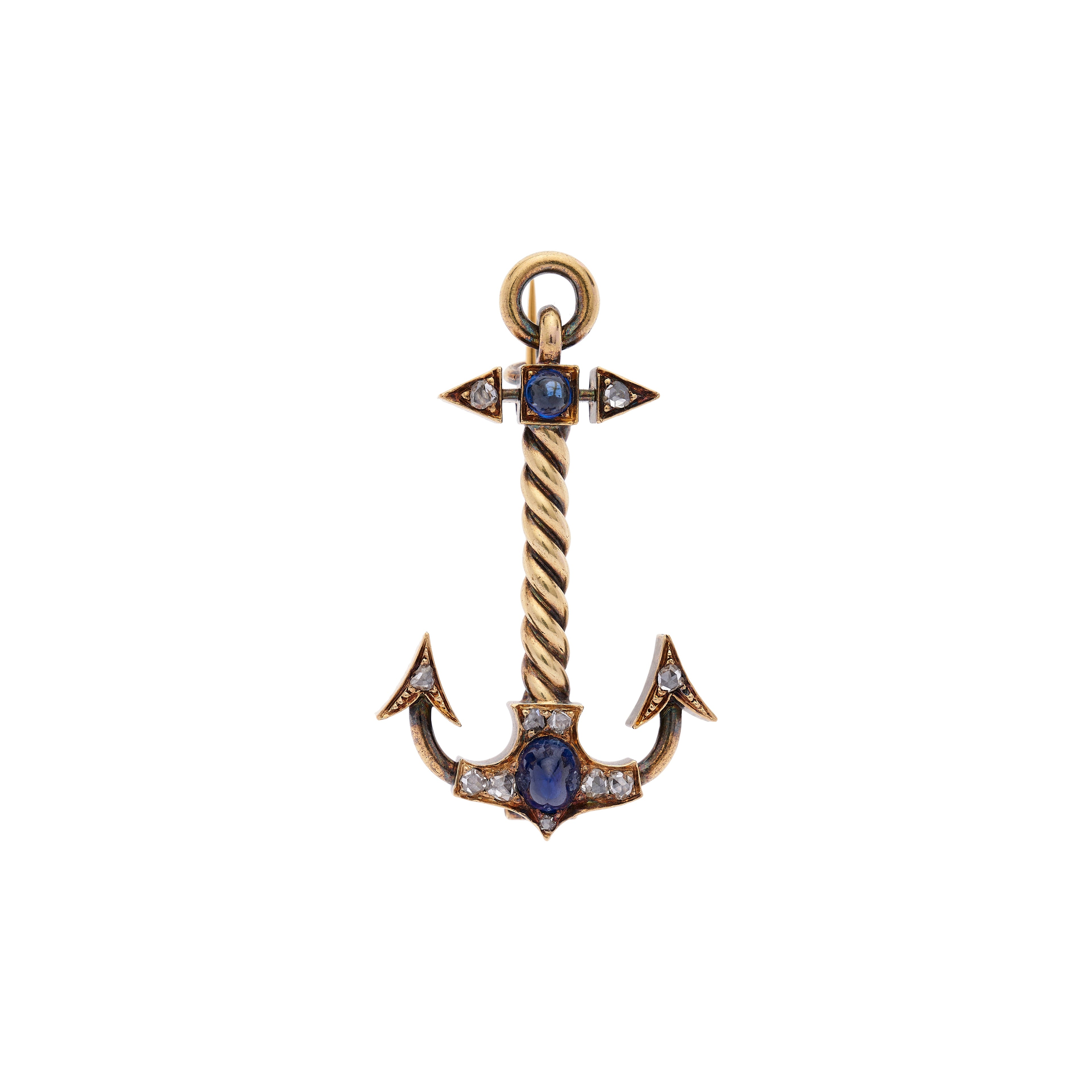 Antique Russian 14k Sapphire & Rose Cut Diamond Anchor Pin