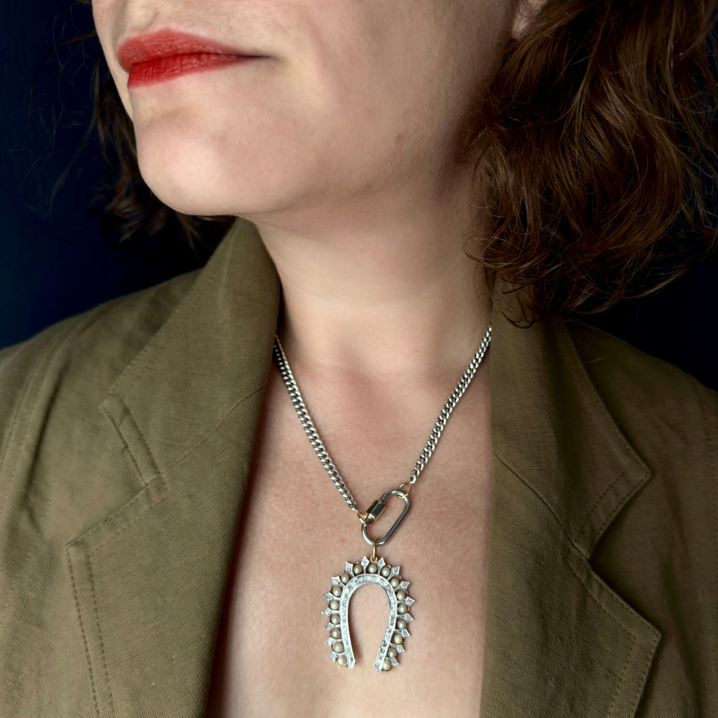Antique 14k/Platinum Horseshoe w/ Pearls & Diamonds Pendant