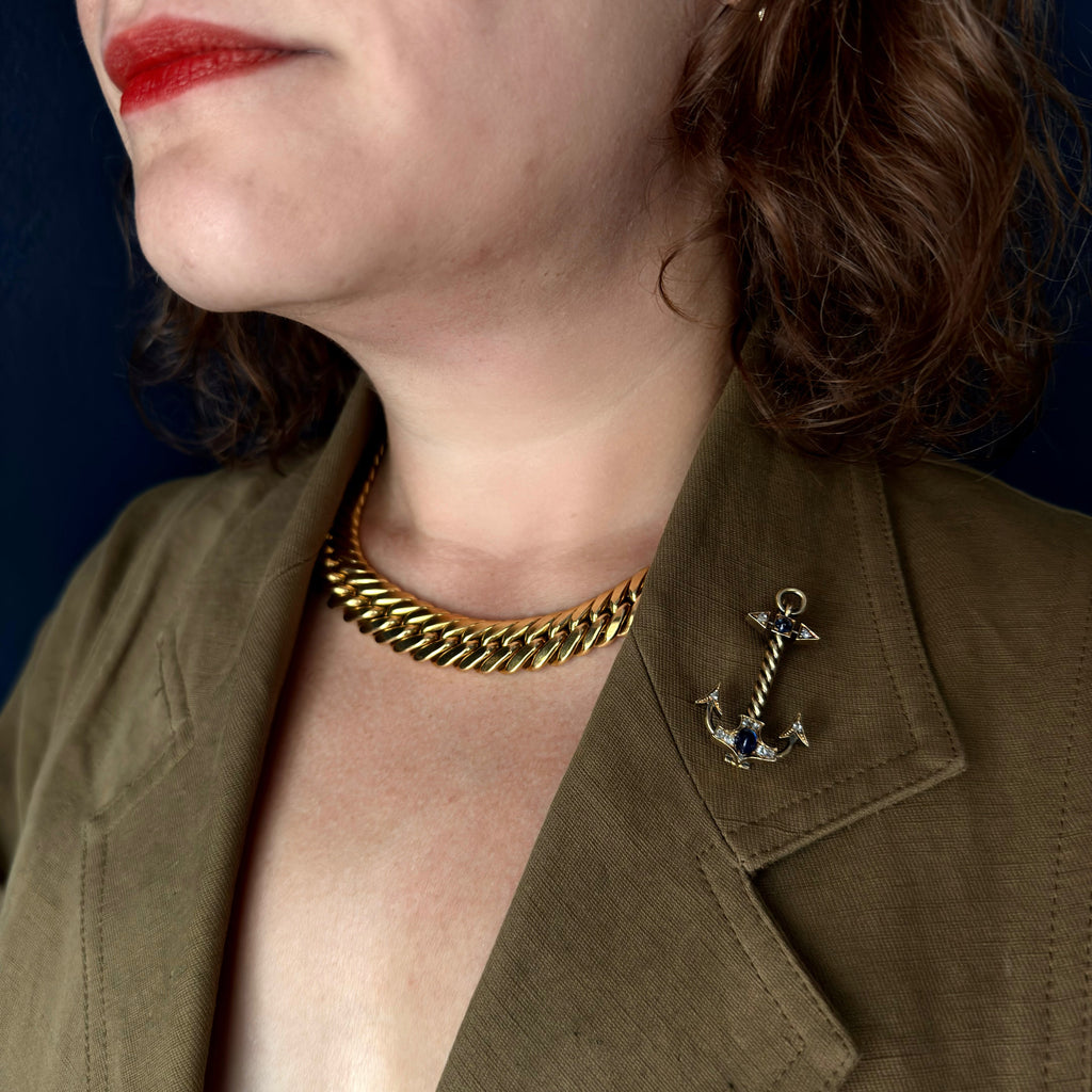 Antique Russian 14k Sapphire & Rose Cut Diamond Anchor Pin