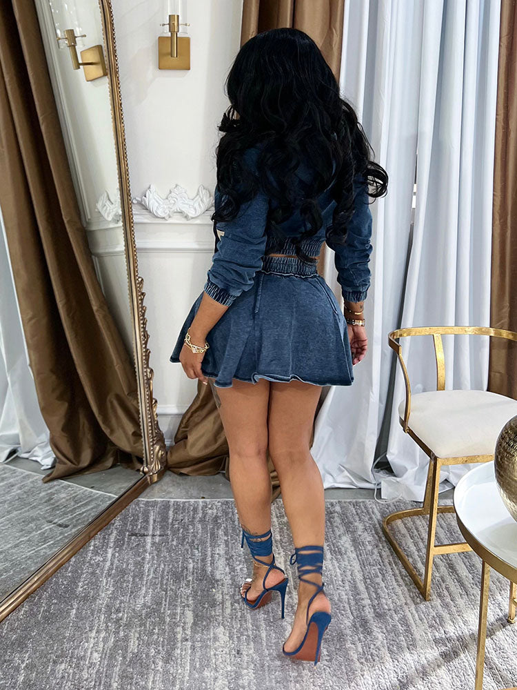 Washed Denim Cropped Jacket & Mini Skirt Set