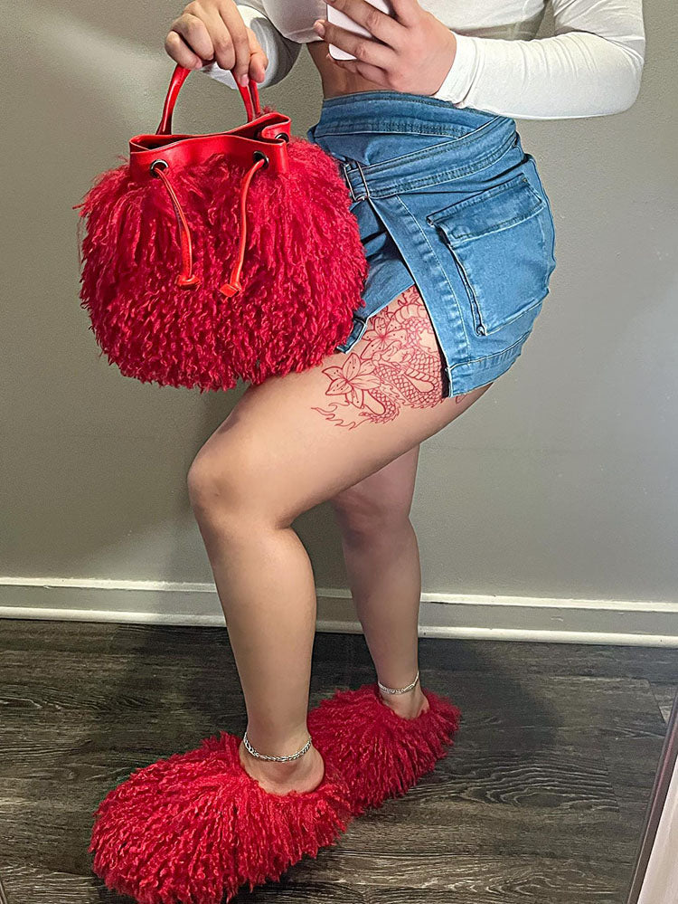 Fluffy Fur Bag & Slides Set