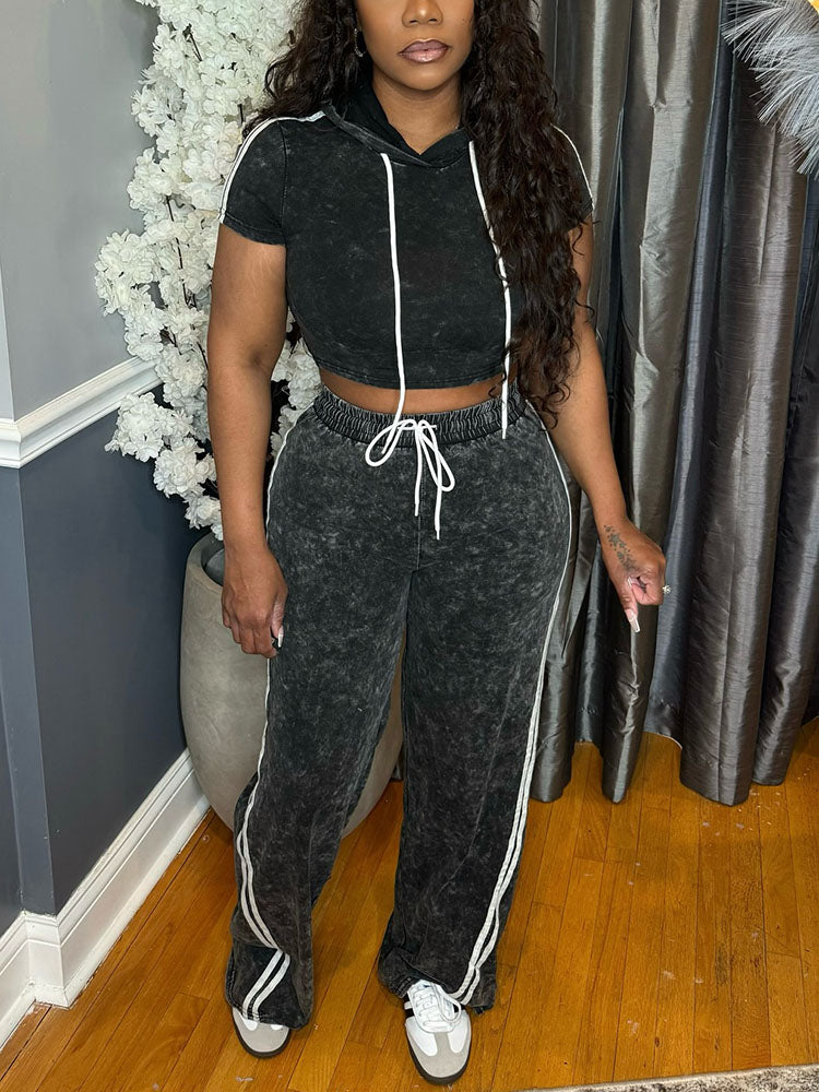 Washed Crop Hoodie & Wide Pants Set