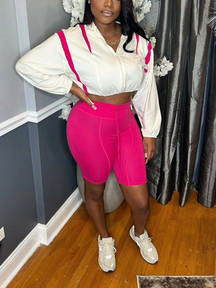 Contrast Crop Jacket & Biker Shorts Set