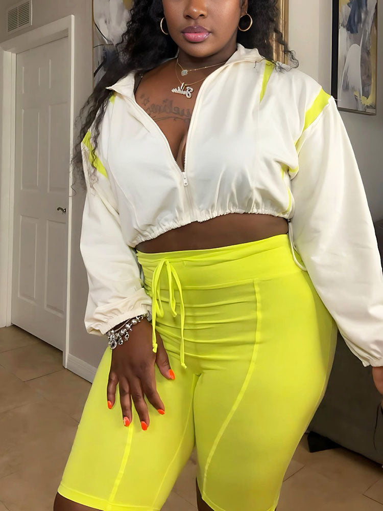 Contrast Crop Jacket & Biker Shorts Set