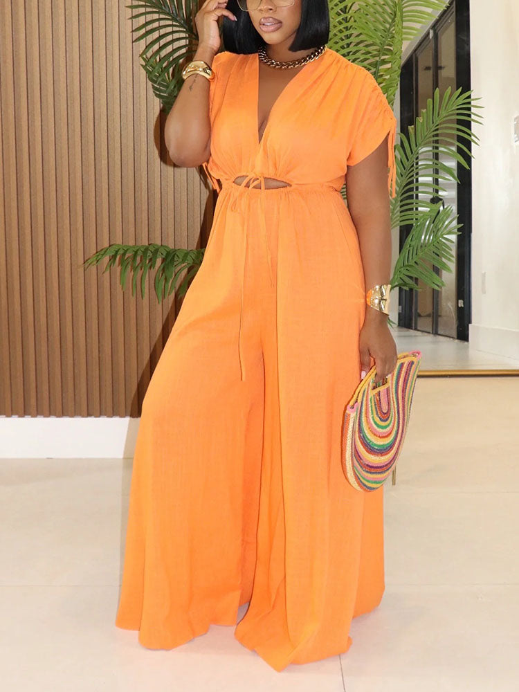 Cutout Drawstring Wide Jumpsuit