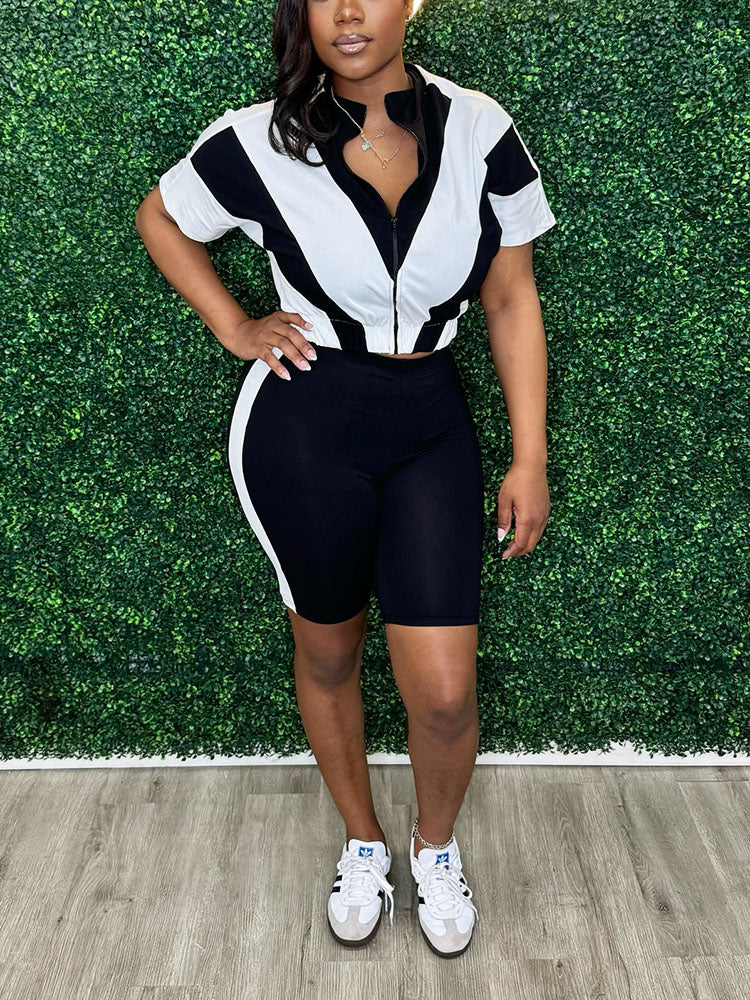 Sporty Contrast Jacket & Biker Shorts Set