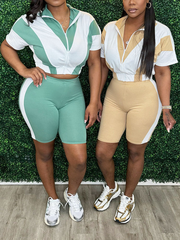 Sporty Contrast Jacket & Biker Shorts Set
