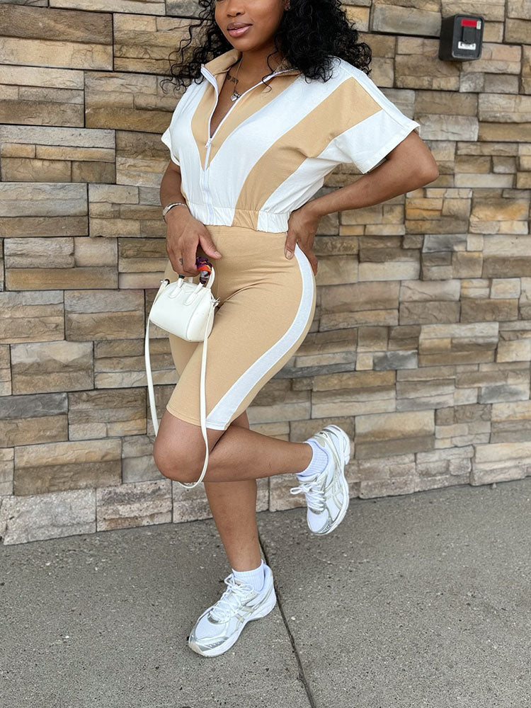 Sporty Contrast Jacket & Biker Shorts Set