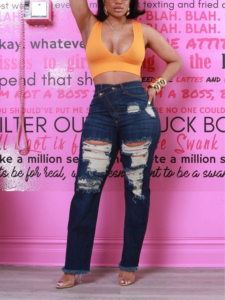 Distressed Asymmetrical Zip Jeans