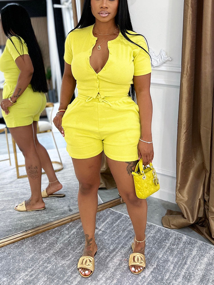 Ribbed Button Top & Drawstring Shorts Set