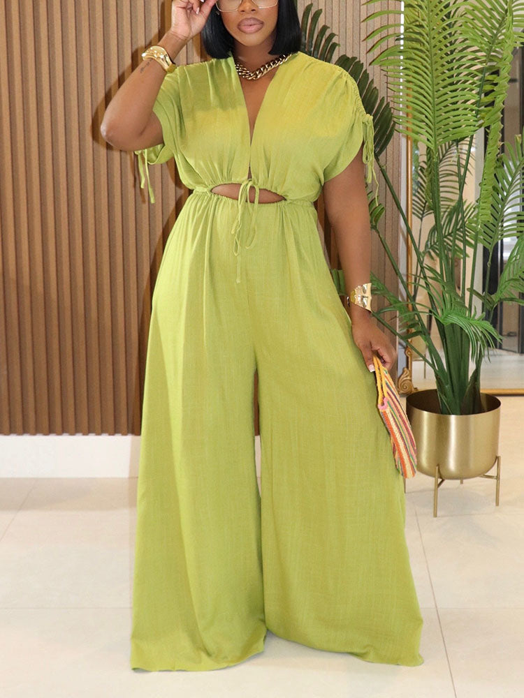 Cutout Drawstring Wide Jumpsuit