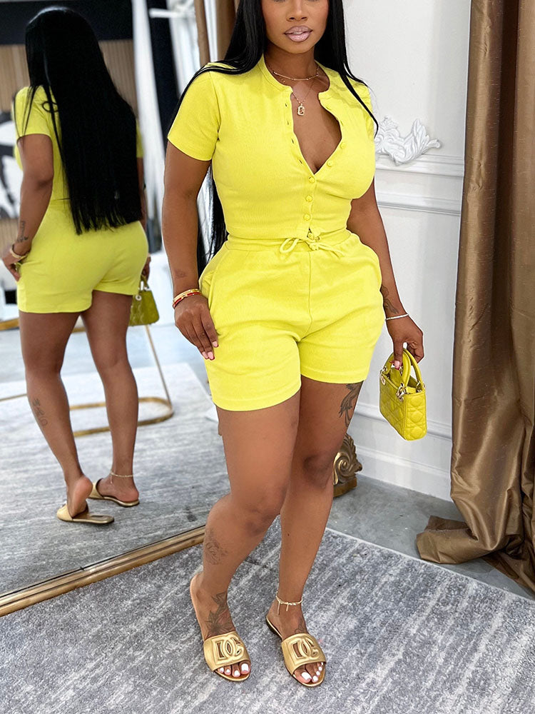 Ribbed Button Top & Drawstring Shorts Set