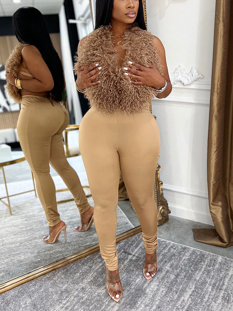 Fur Halter Vest & Leggings Set