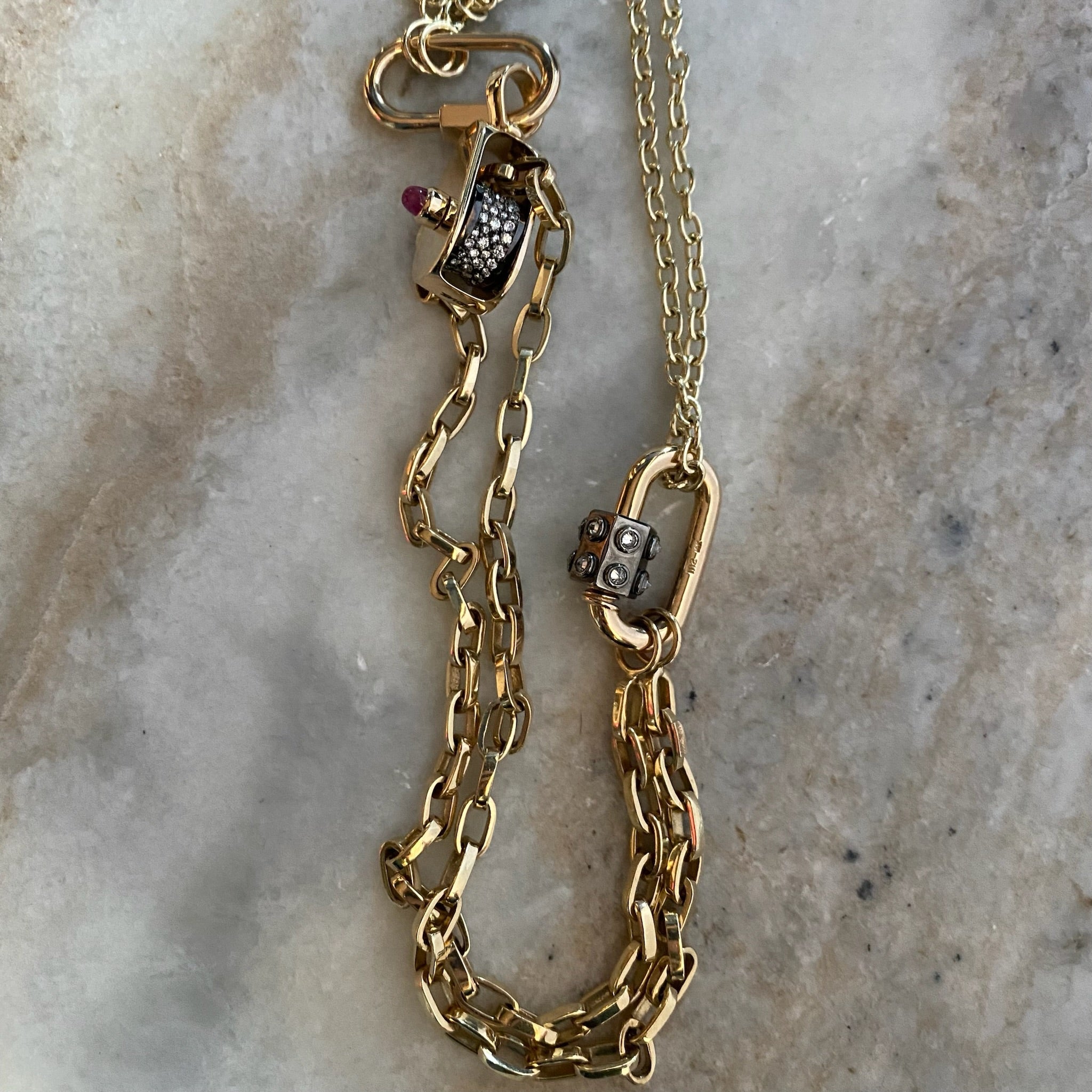 Marla Aaron 14k Yellow Gold Stoned Pulley with Diamonds & Ruby Bullet