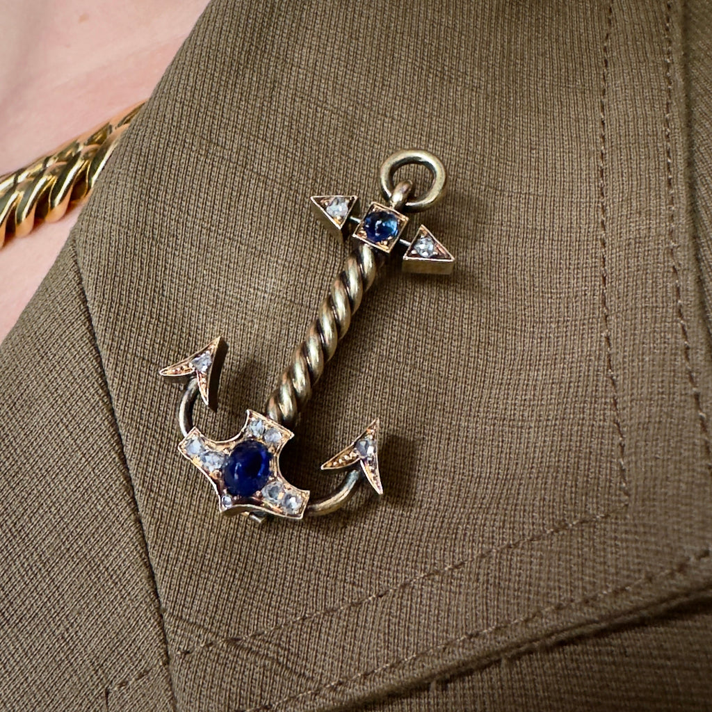 Antique Russian 14k Sapphire & Rose Cut Diamond Anchor Pin