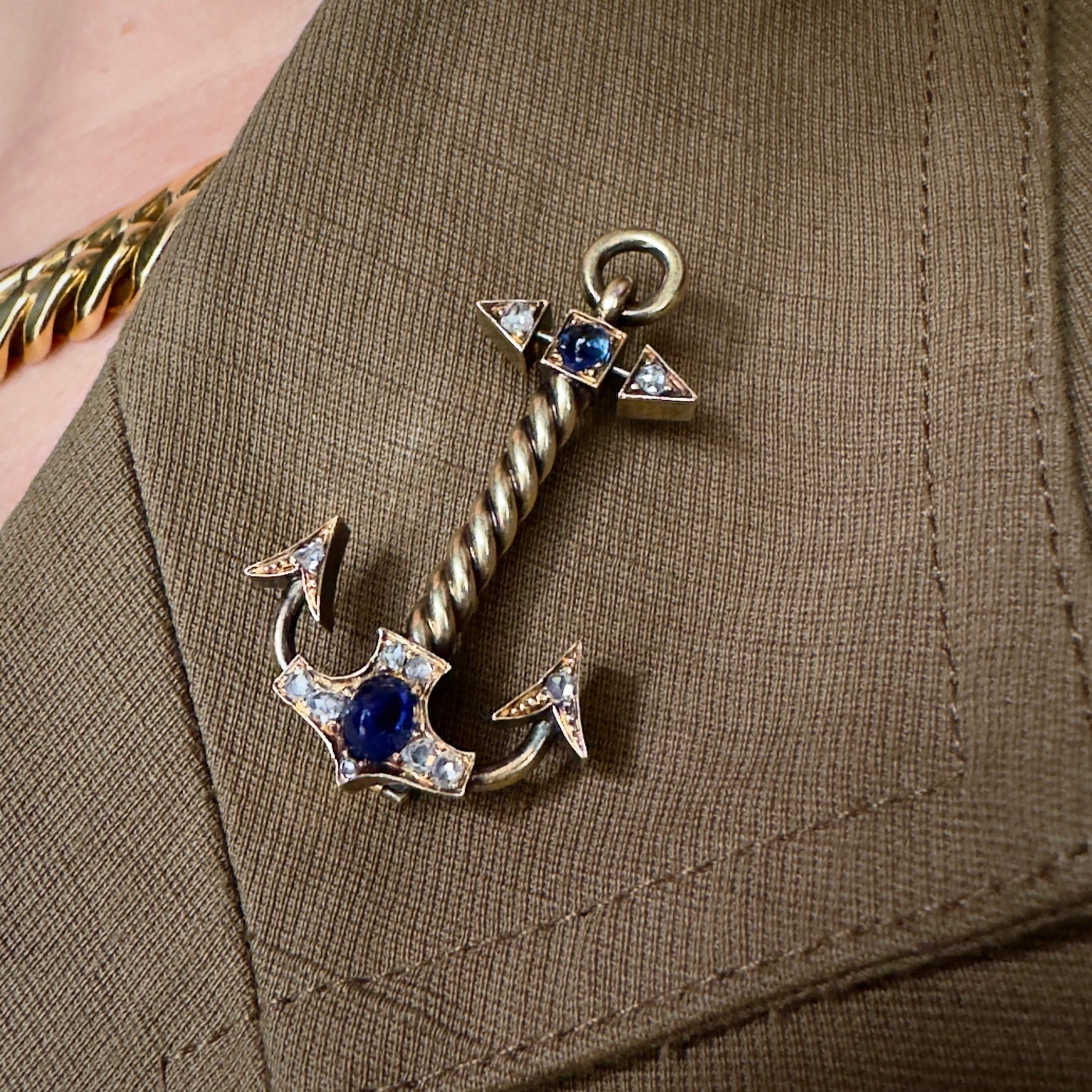 Antique Russian 14k Sapphire & Rose Cut Diamond Anchor Pin