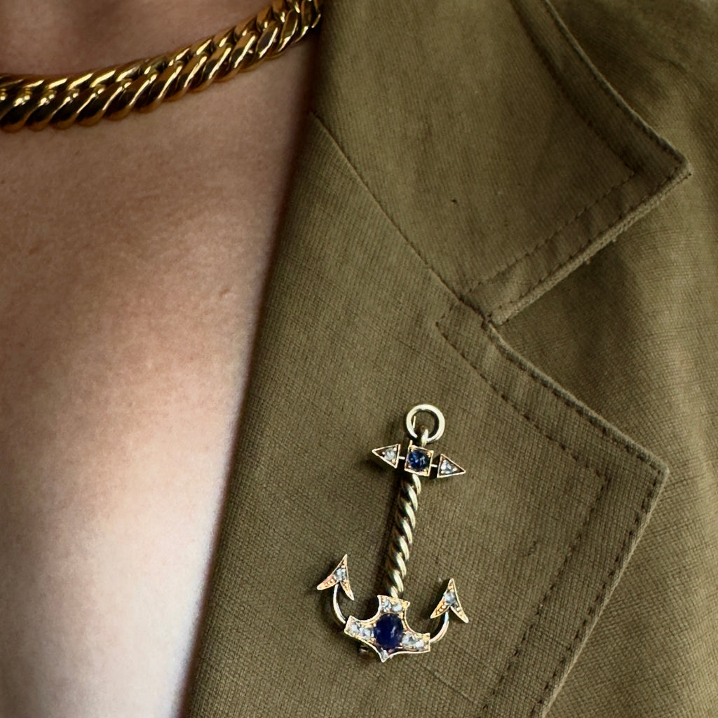 Antique Russian 14k Sapphire & Rose Cut Diamond Anchor Pin