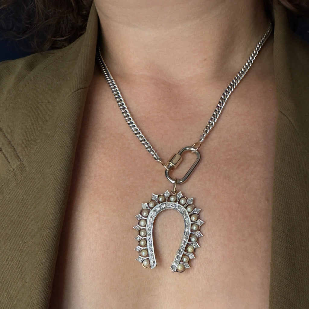 Antique 14k/Platinum Horseshoe w/ Pearls & Diamonds Pendant