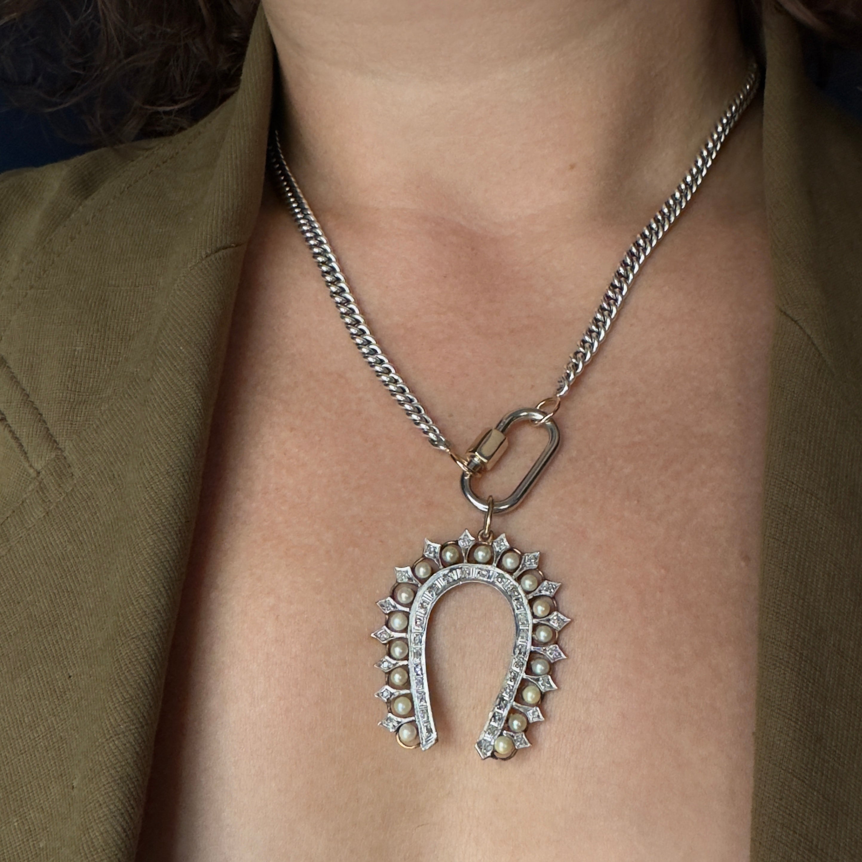 Antique 14k/Platinum Horseshoe w/ Pearls & Diamonds Pendant