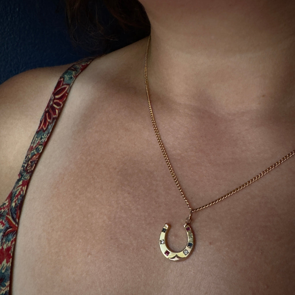 Antique Victorian 14k Diamond. Sapphire. & Ruby Horseshoe Pendant