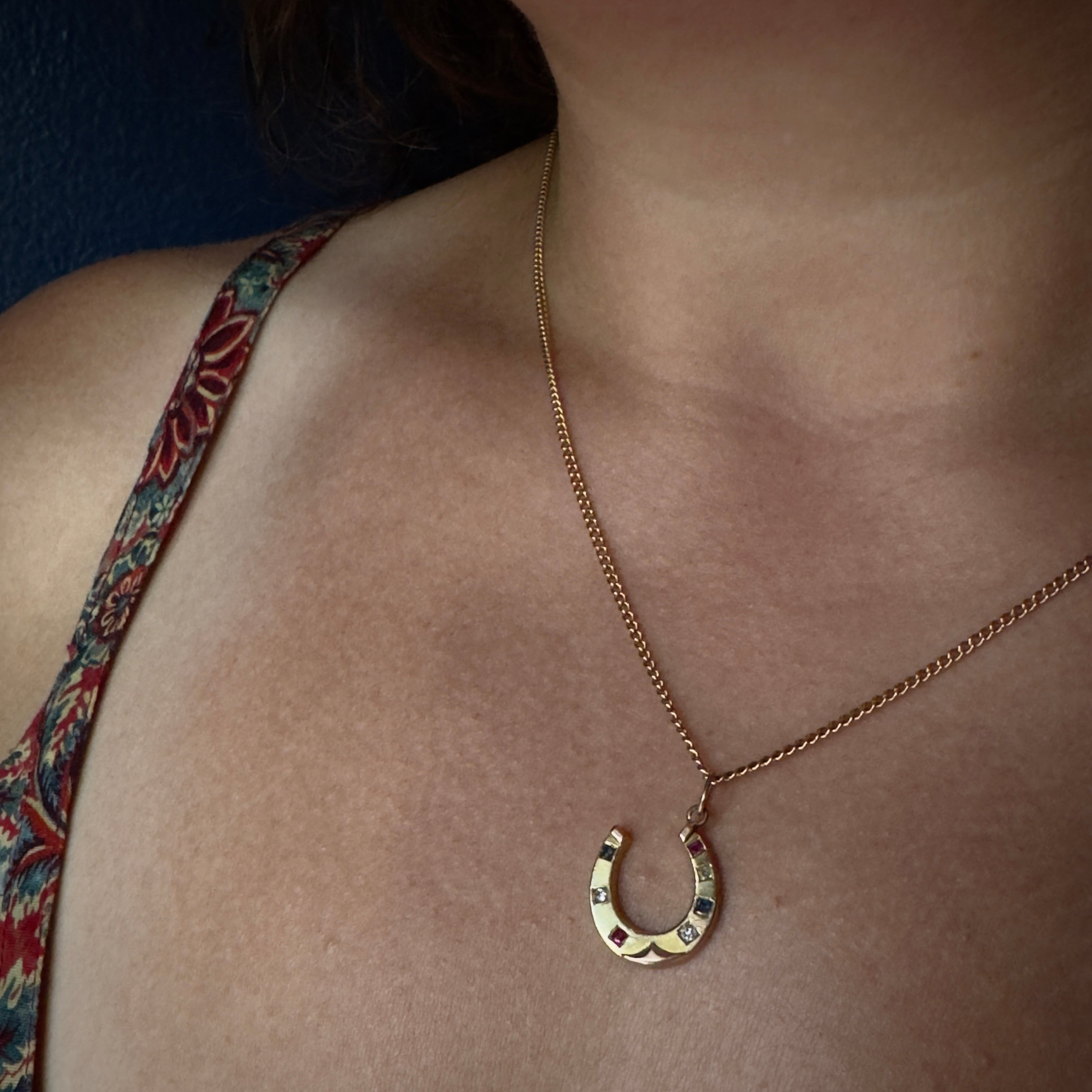 Antique Victorian 14k Diamond. Sapphire. & Ruby Horseshoe Pendant