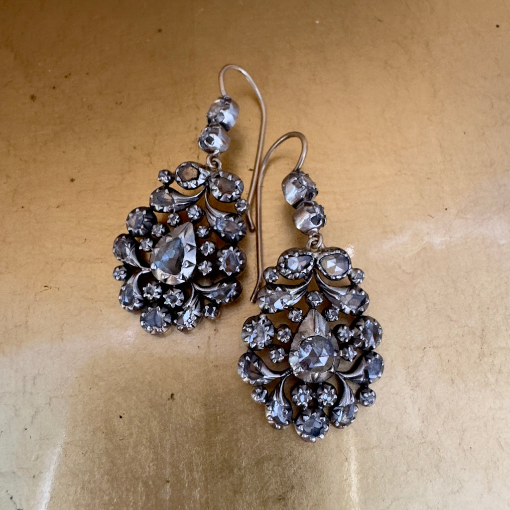 Antique Georgian Silver/Gold Rose Cut Diamond Chandelier Earrings
