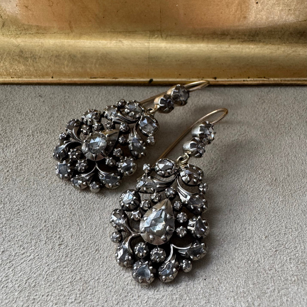 Antique Georgian Silver/Gold Rose Cut Diamond Chandelier Earrings