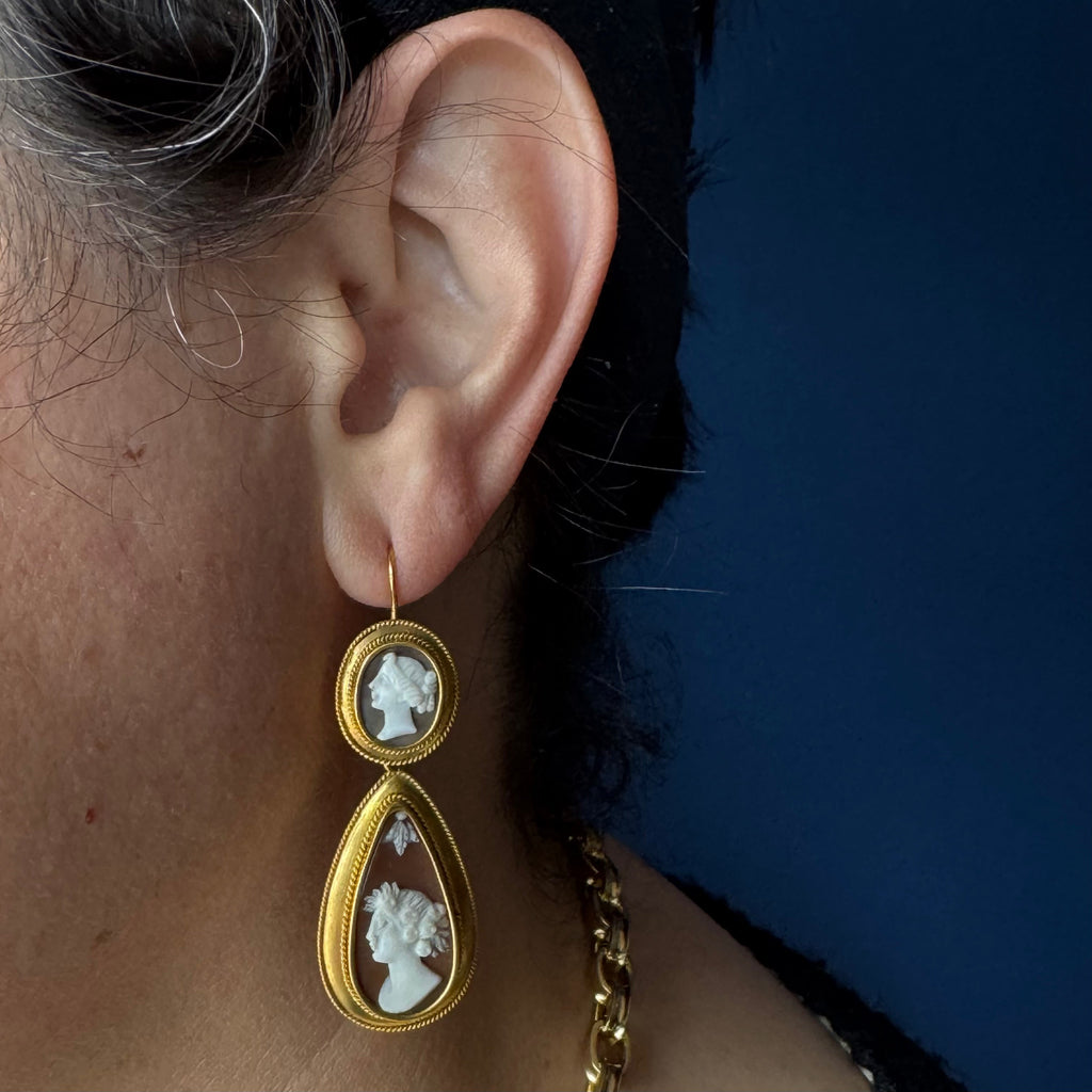 Antique Victorian 18k Etruscan Revival Shell Cameo Earrings