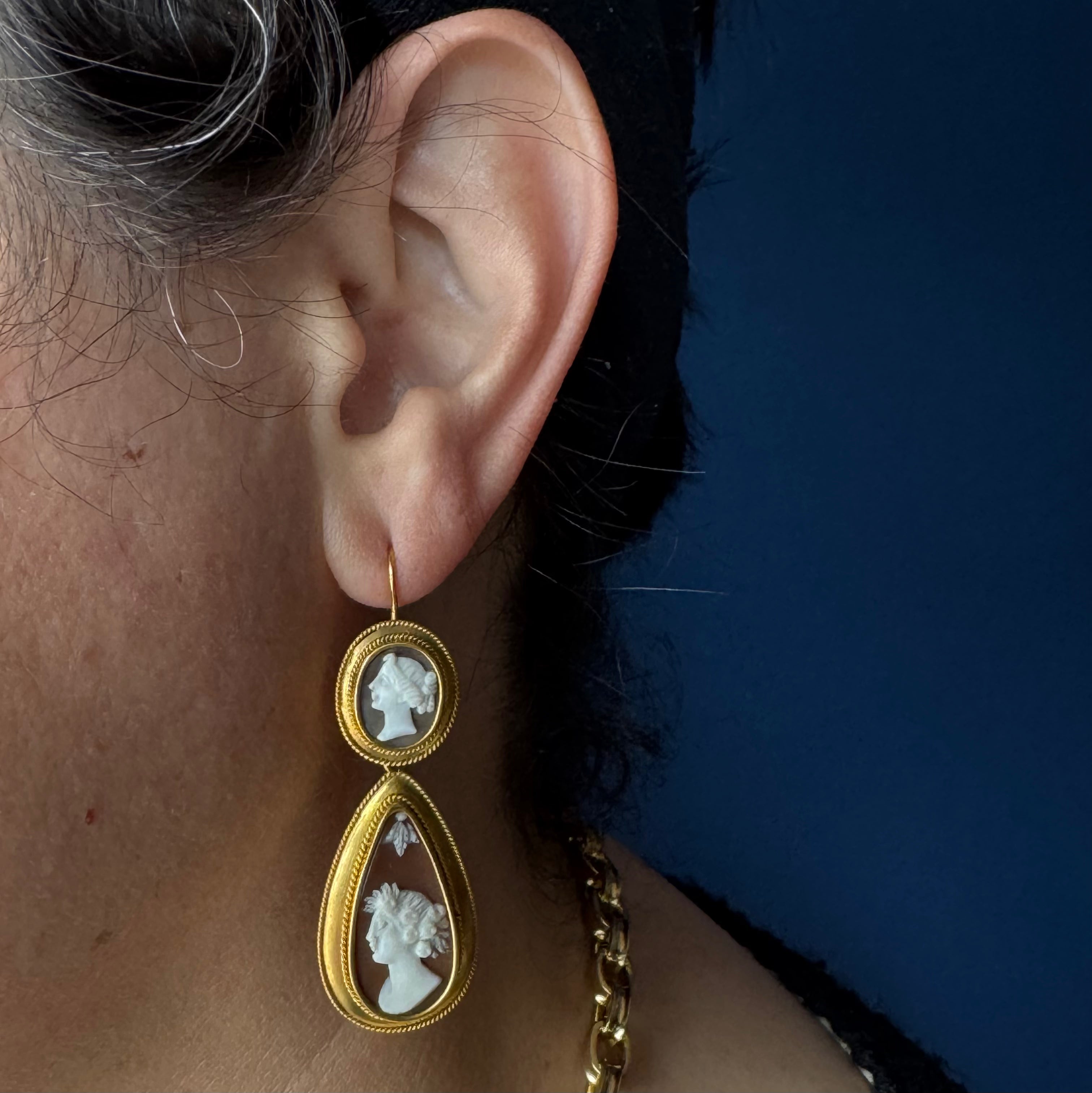 Antique Victorian 18k Etruscan Revival Shell Cameo Earrings