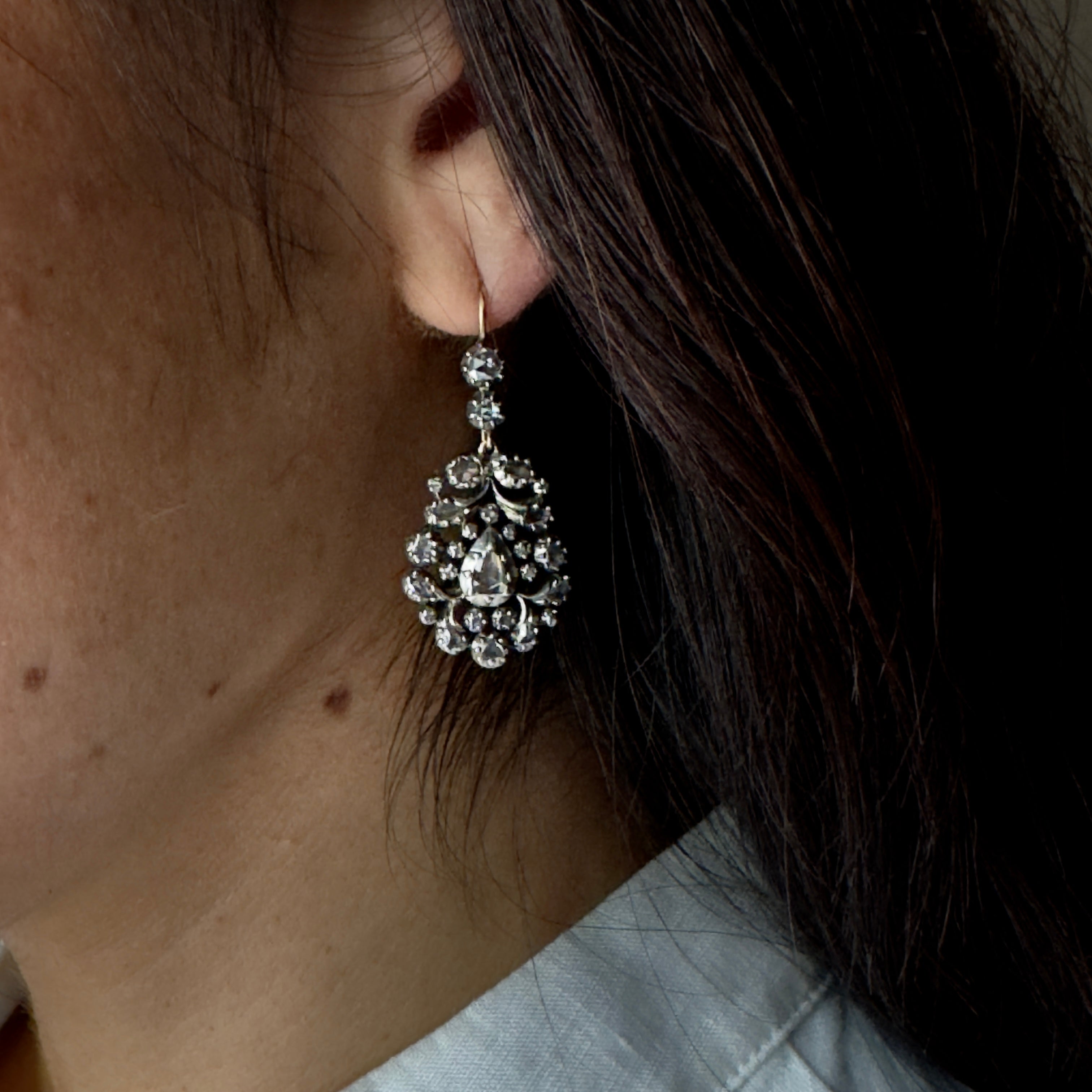 Antique Georgian Silver/Gold Rose Cut Diamond Chandelier Earrings