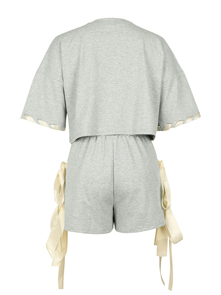 Contrast Crop Top & Bow Tie Shorts Set