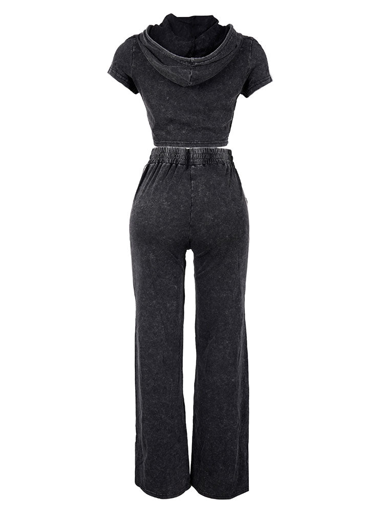 Washed Crop Hoodie & Wide Pants Set