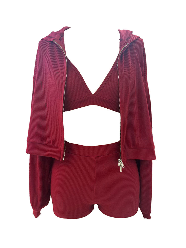 Athleisure Ribbed Three Piece Shorts Set