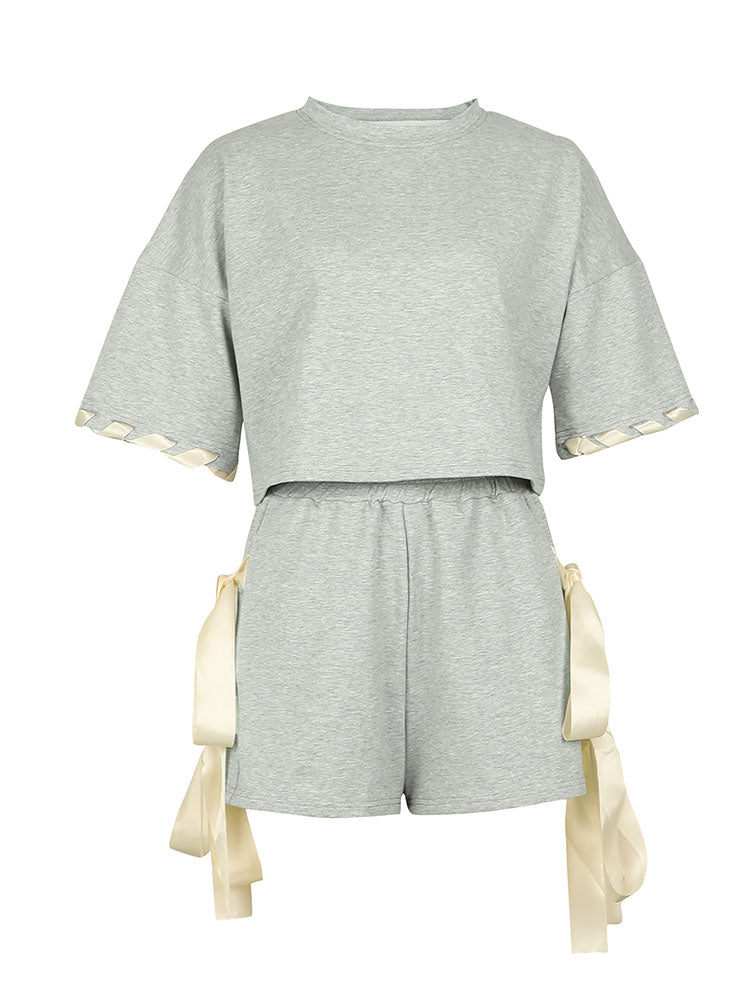 Contrast Crop Top & Bow Tie Shorts Set