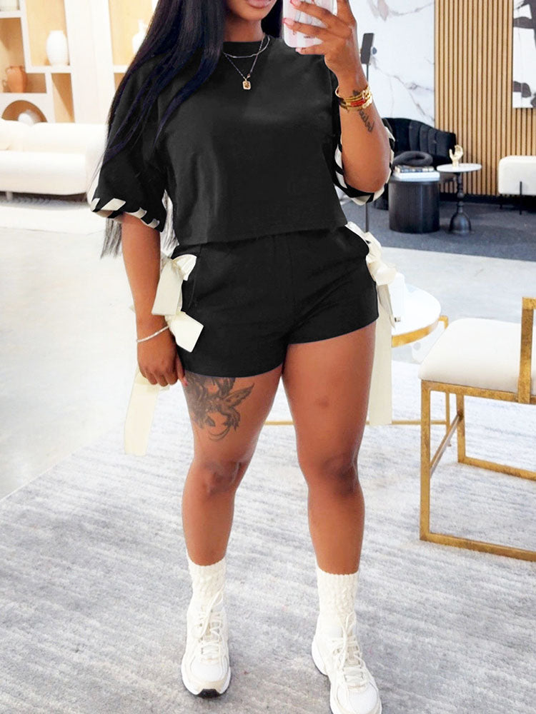 Contrast Crop Top & Bow Tie Shorts Set