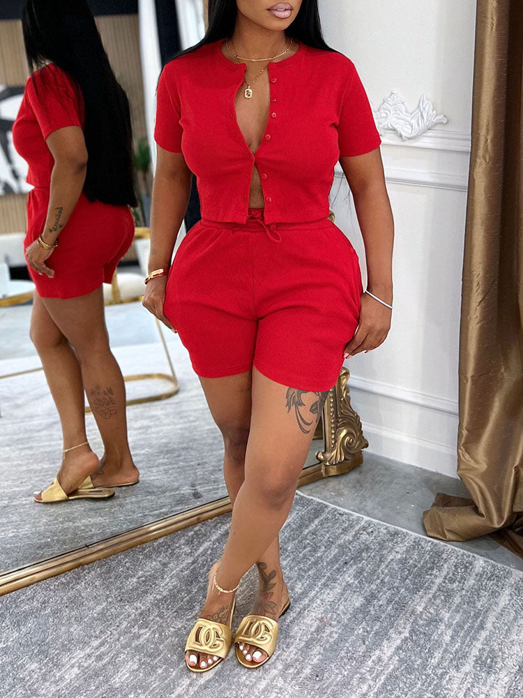 Ribbed Button Top & Drawstring Shorts Set