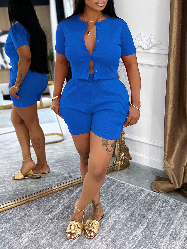 Ribbed Button Top & Drawstring Shorts Set