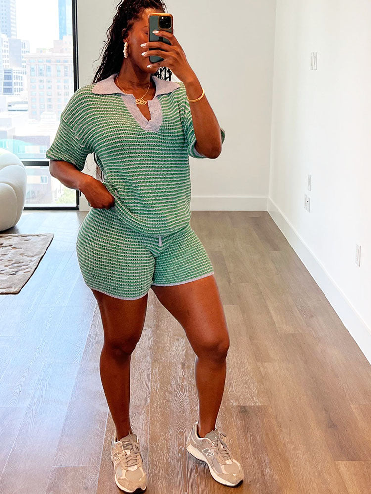 Striped Knit Shorts Set
