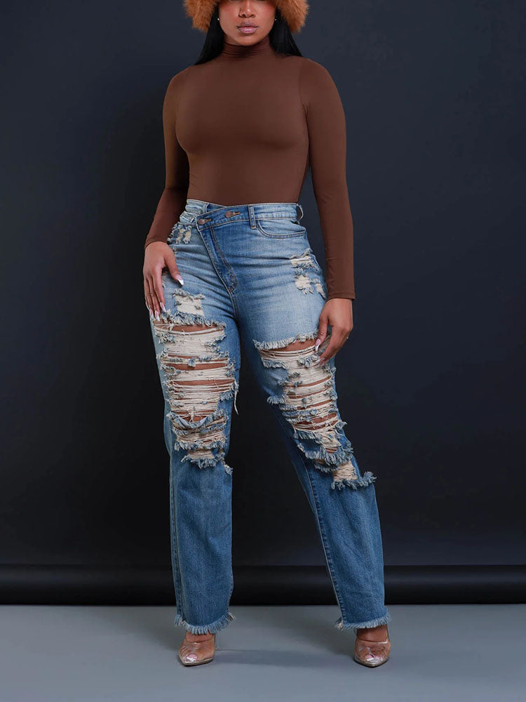 Distressed Asymmetrical Zip Jeans