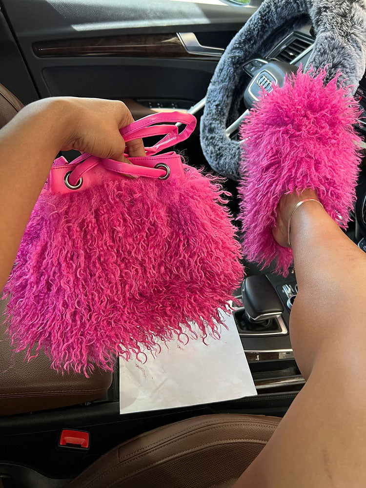 Fluffy Fur Bag & Slides Set