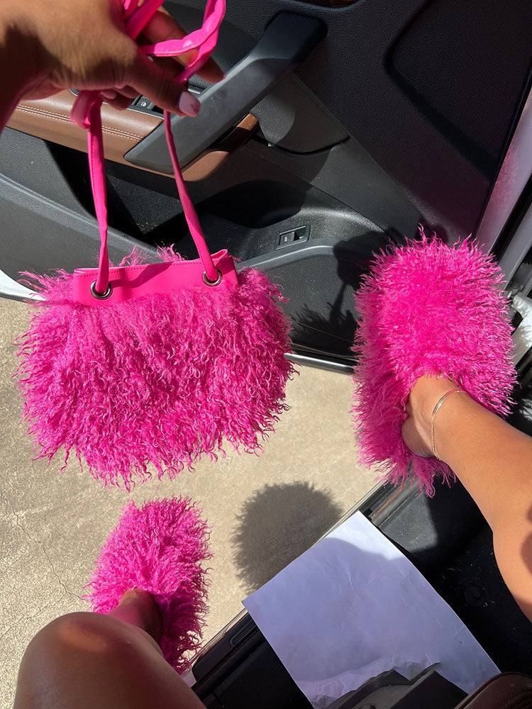 Fluffy Fur Bag & Slides Set