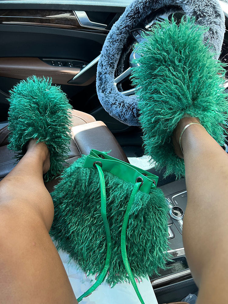 Fluffy Fur Bag & Slides Set